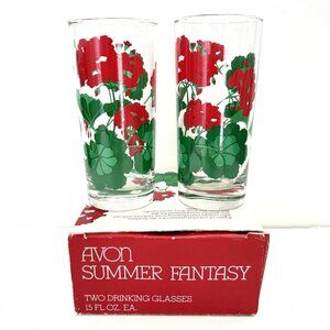 AVON Vintage 1983 Drinking Glasses Summer Fantasy Geranium Pattern Set 2 w/Box